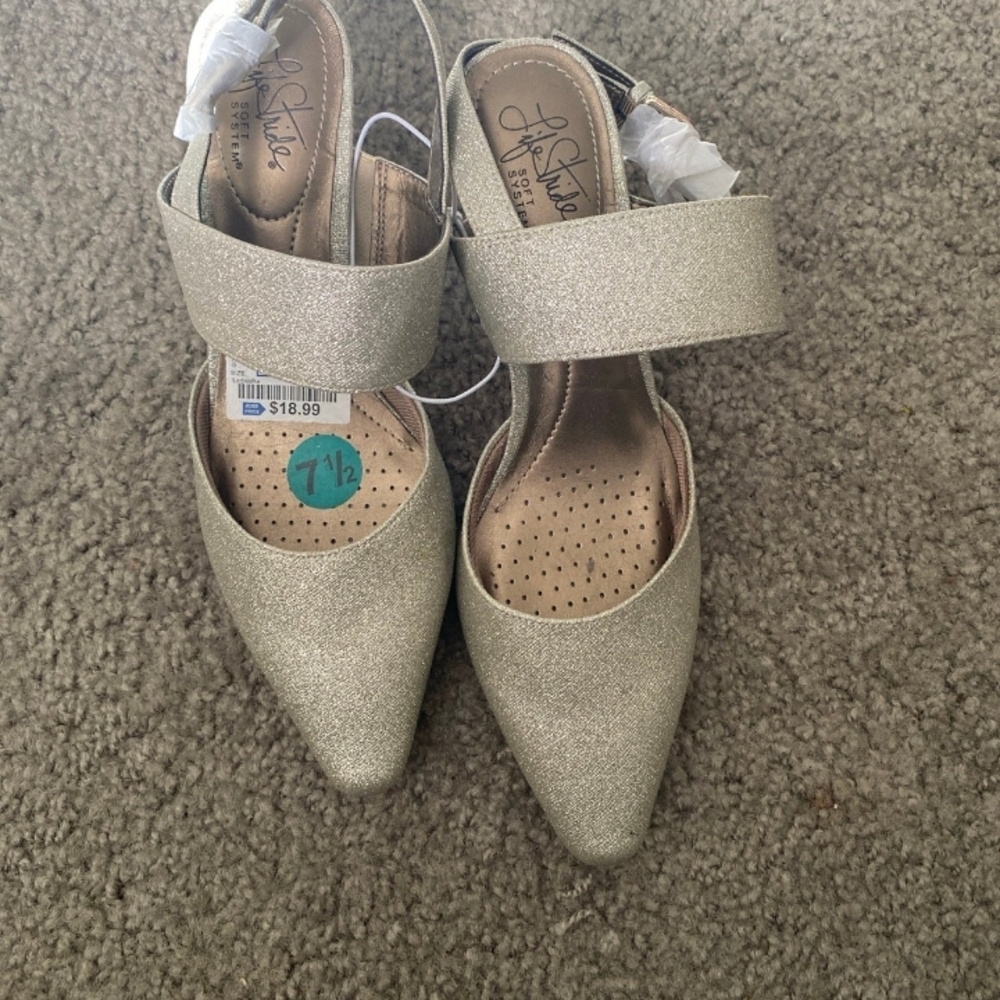 Life Stride Gold Glitter Pointed-Toe Slingback Heels